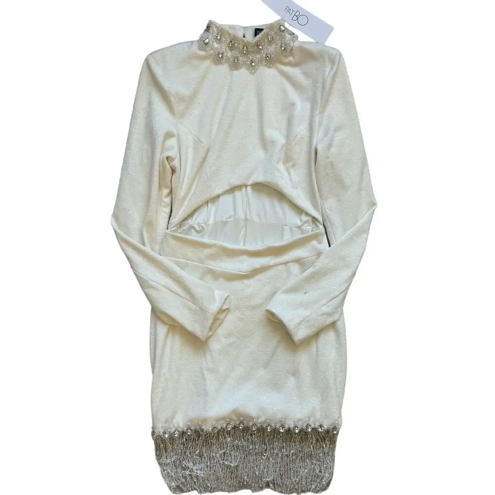 PatBO Hand Crystal Beaded High Neck Long Sleeve Mini Dress